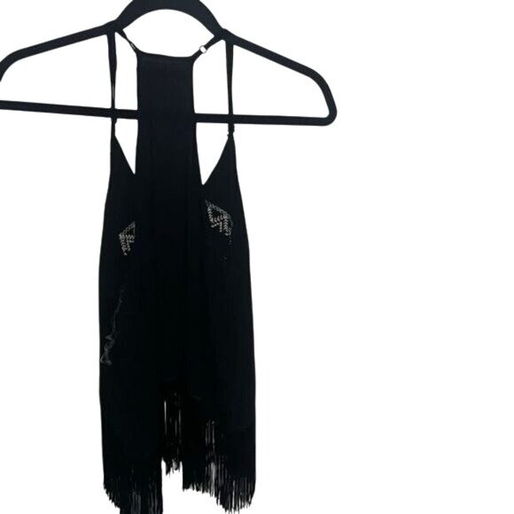 Black Fringe Halter Top With Embroidered Tribal Design By 64 Sixty Five Rayon Ma - Picture 7 of 8